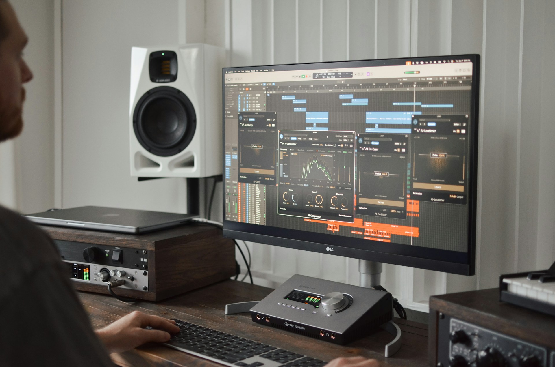 Music producer mixing tracks in a studio with multiple plugins open